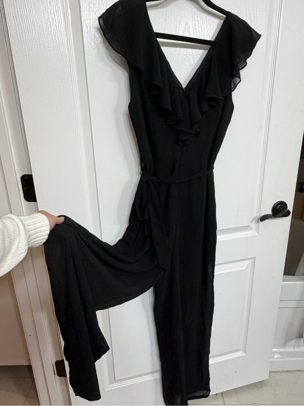 miami Black Ruffle V-Neck Jumpsuit with Tie Waist